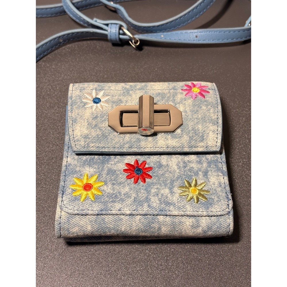 Unbranded Floral Denim Crossbody Wallet Women Small Blue Excellent Y2K Acid Wash